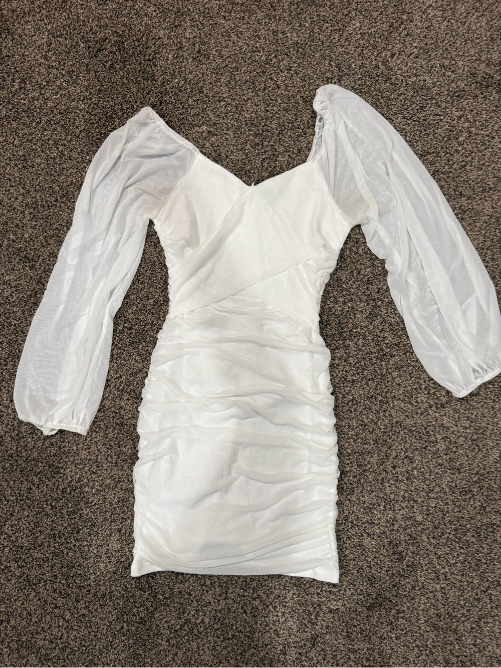 White Puff-Sleeve Ruched Mini Dress - Brand Unspecified